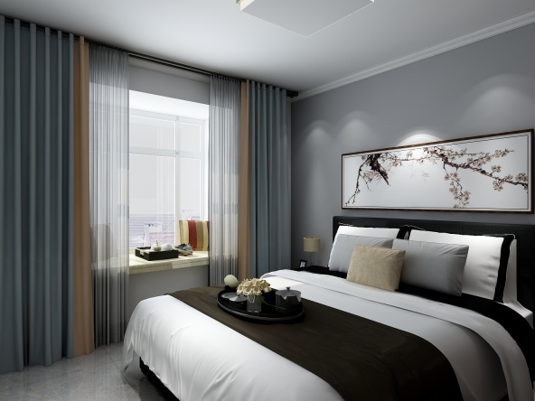 灰色系的窗帘搭配,创造宁静的卧室氛围.