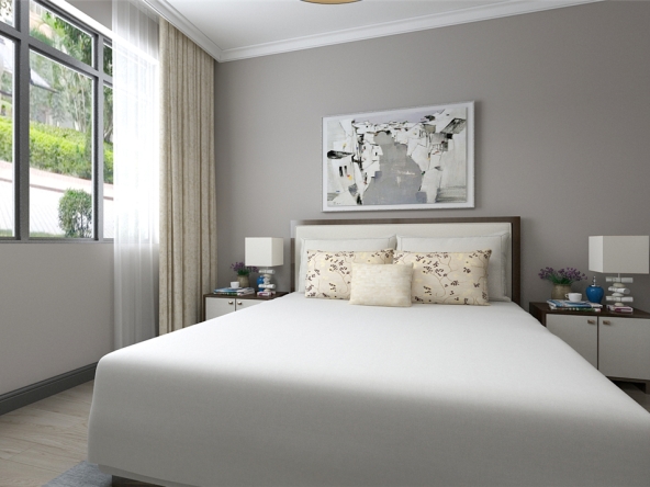 主卧室采用白,黄,米等色彩元素搭配的床整体体现温馨的感觉,柔和的