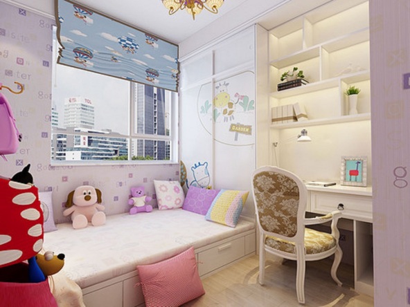 儿童房面积太小,设计师靠窗设计了榻榻米,与书桌架一体式相连,使空间