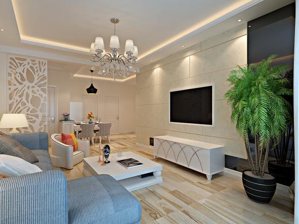 客厅吊顶白色的木作,米白色乳胶漆为空间的基本色,白色抽象的玄关隔断