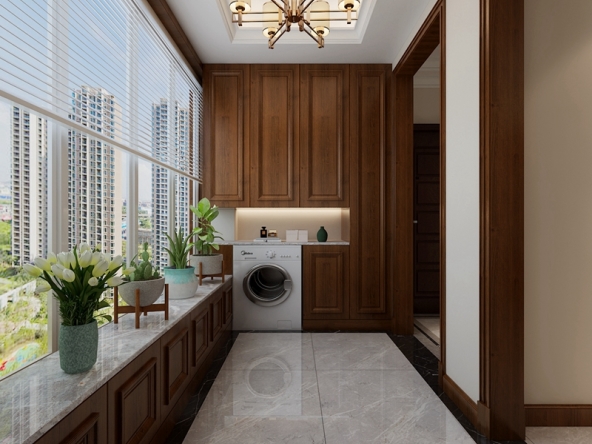 曲江亮丽家园120平米新中式风格——阳台空间装饰多采用简洁硬朗的