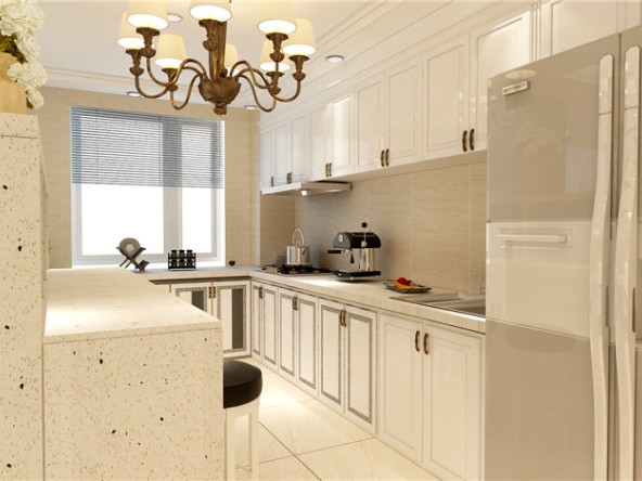 l型的转角厨房设计,白色的整体橱柜,让厨房显得更加整洁清新,让烹饪