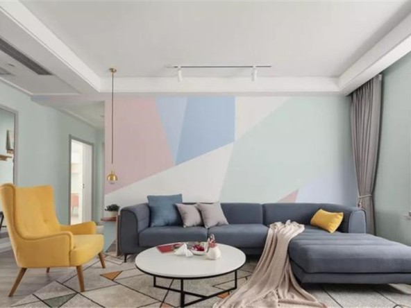 沙发墙以几何拼色取代装饰,显得简洁又富有活力.