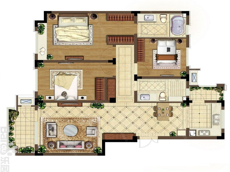 中海紫御观邸-混合型风格-三居室
