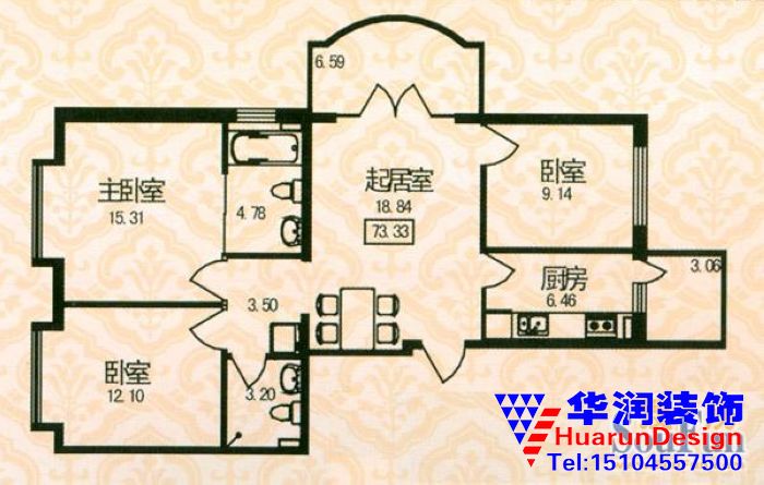 福宏名城-中式风格-三居室