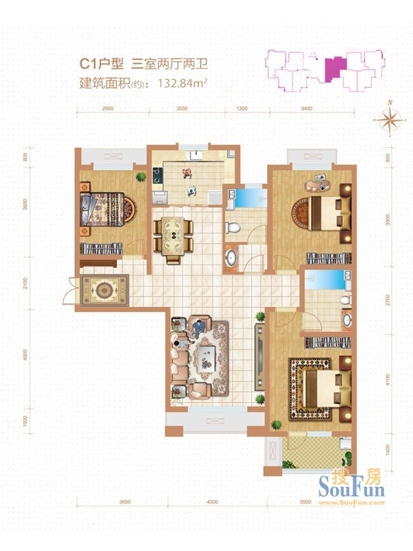 紫晶悦城-地中海风格-三居室