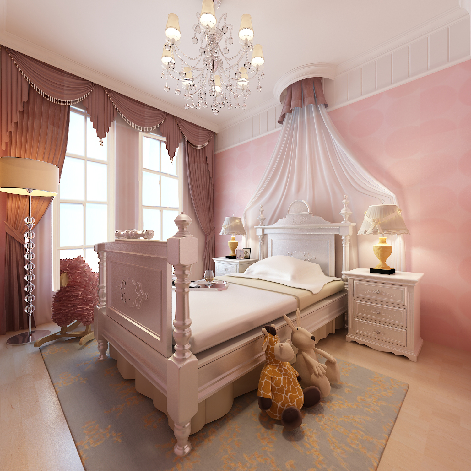 儿童房色彩上柔和唯美,依托家具体现欧式公主房间.