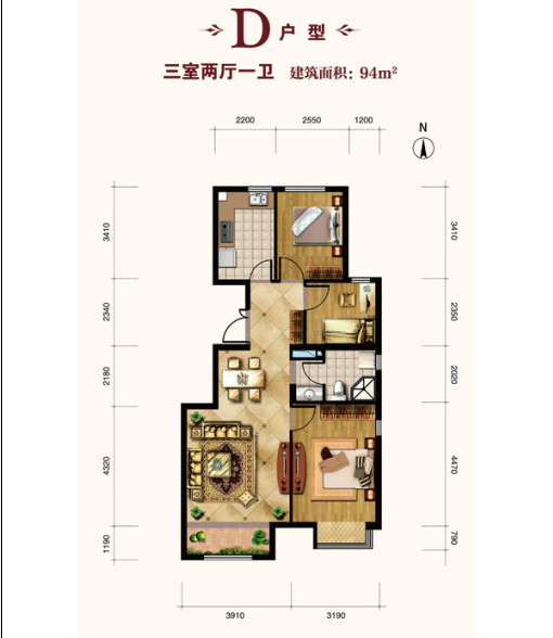 94㎡三居室装修效果图 3种风格装修附户型图