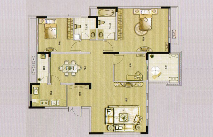 鑫苑世家B户126平方三室两厅中装修效果图