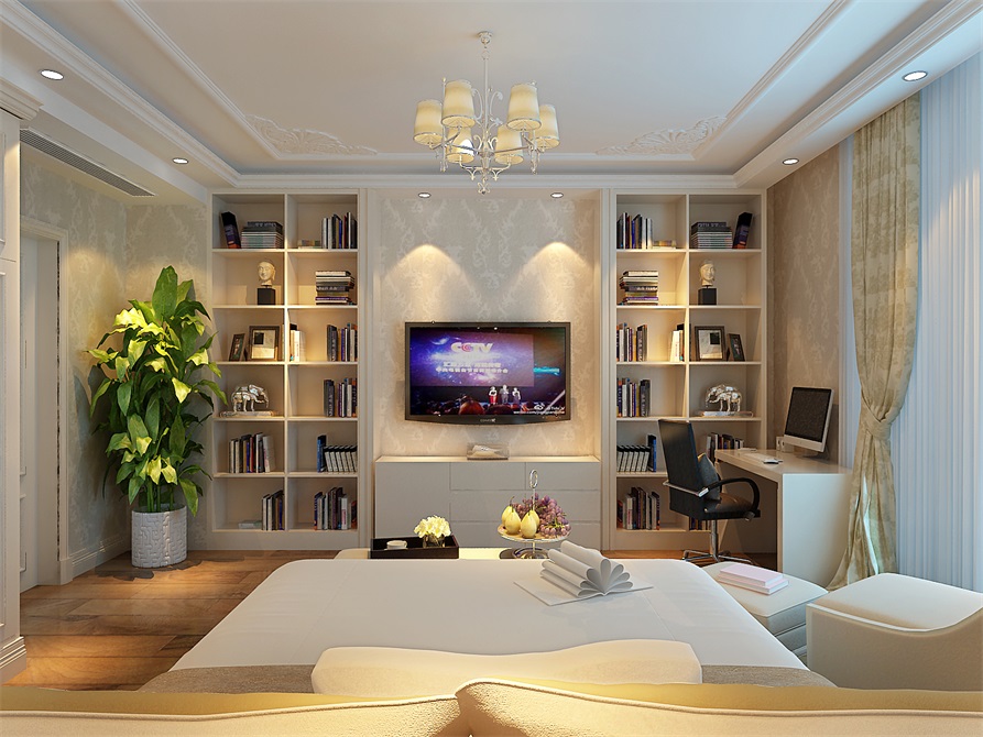 电视墙加书架造型,增加了卧室功能区
