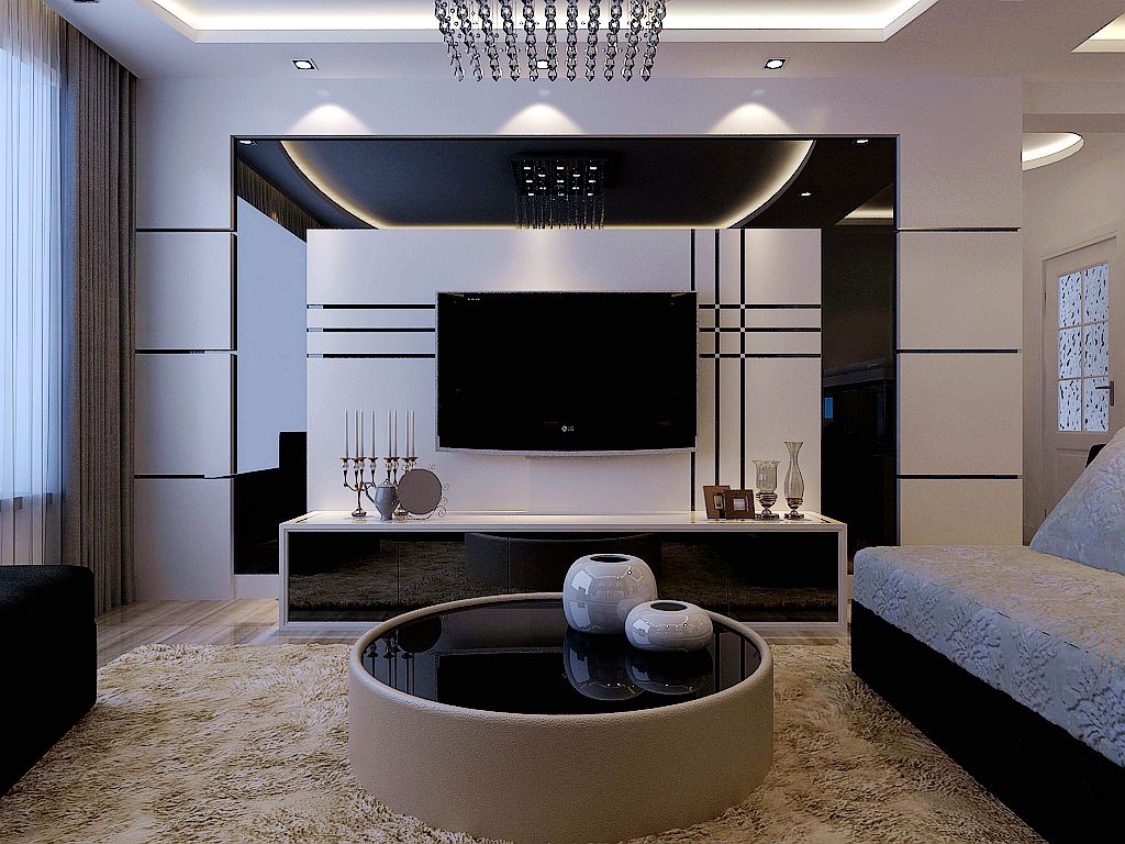 客厅的白加黑电视背景墙整体的让空间变得简洁且大气
