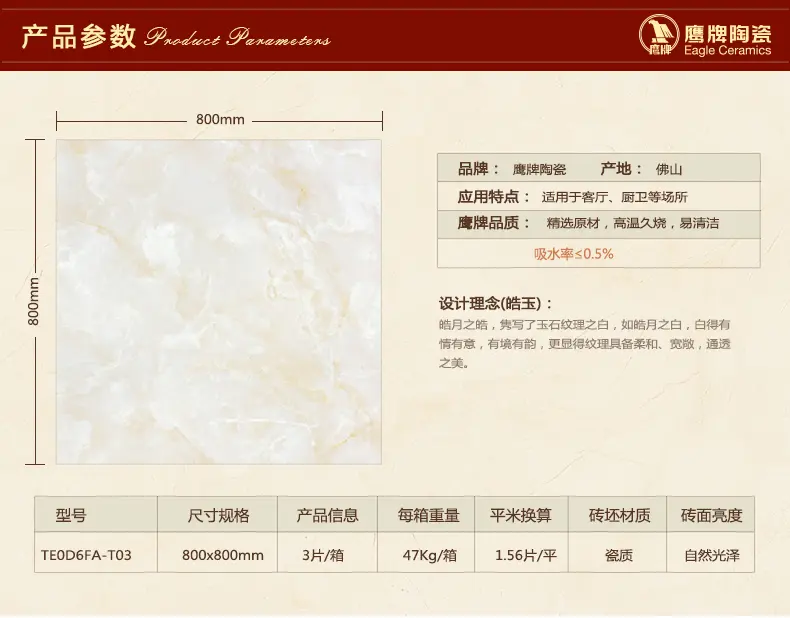 鹰牌陶瓷 客厅地砖800x800墙砖 皓玉 厨卫全抛釉瓷砖