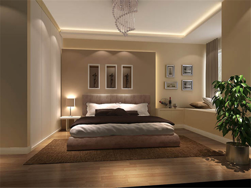 主卧室用暖色墙漆,现代简约家具和大飘窗来打造优雅细腻的休息空间,也