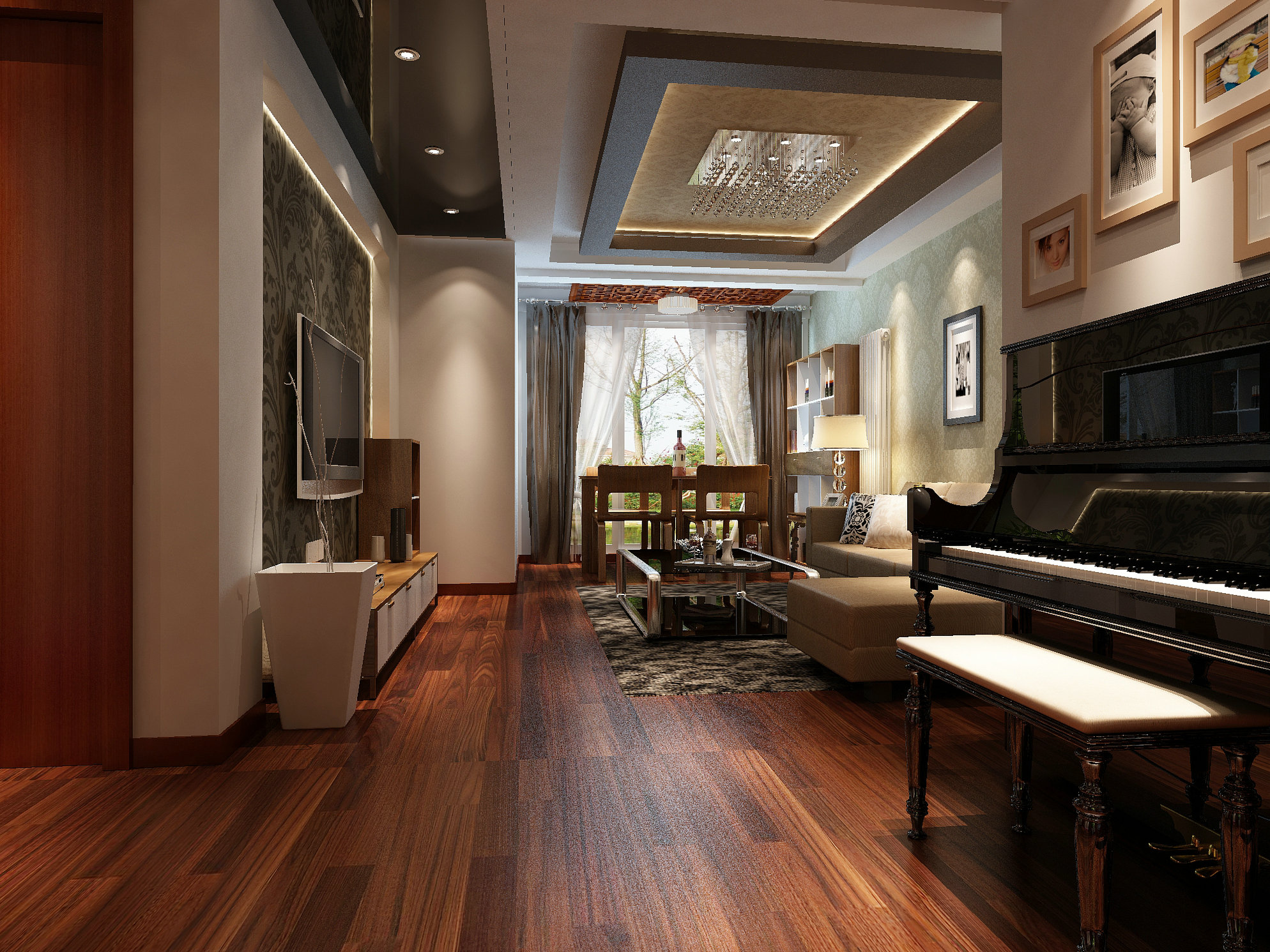 本案设计为简约中式风格,宽敞舒适的客厅配合深色地板卓显稳健,浅咖色