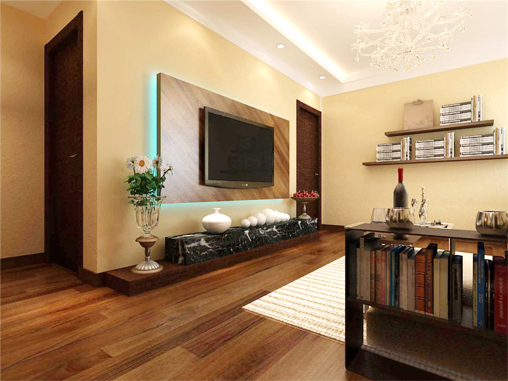 客厅奶黄色的墙体与木色家具的搭配,温馨自然,白色沙发的采用,给客厅