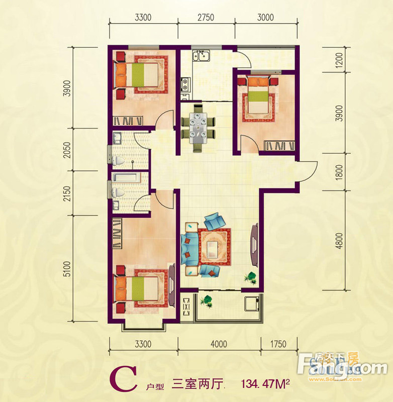 鑫龙湾三室两厅后现代风格设计