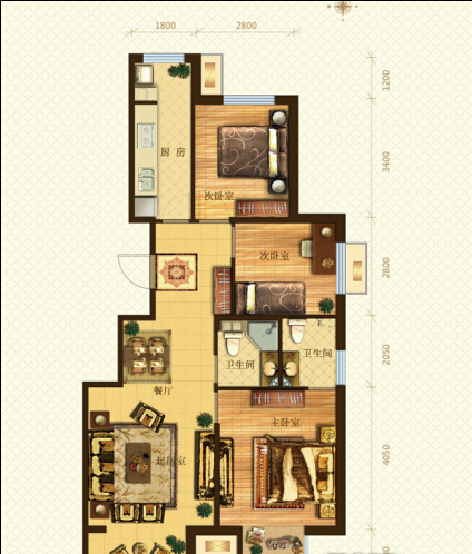 中冶·蓝城-三居室-99.00平米-装修设计