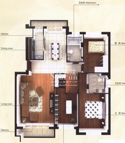 金地檀溪-三室两厅两卫121-法式风格