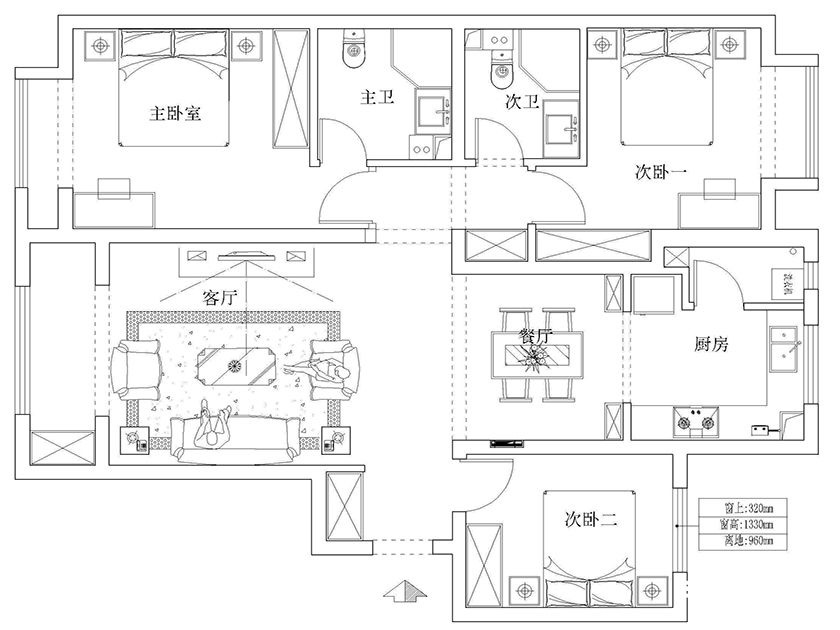 朝阳翠城-三居室-124.00平米-装修设计