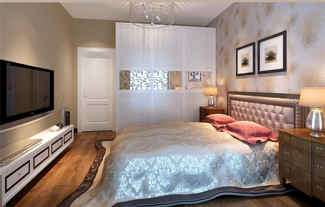 卧室效果图-卧室以木色地板与空间墙面的浅色调壁纸进行搭配