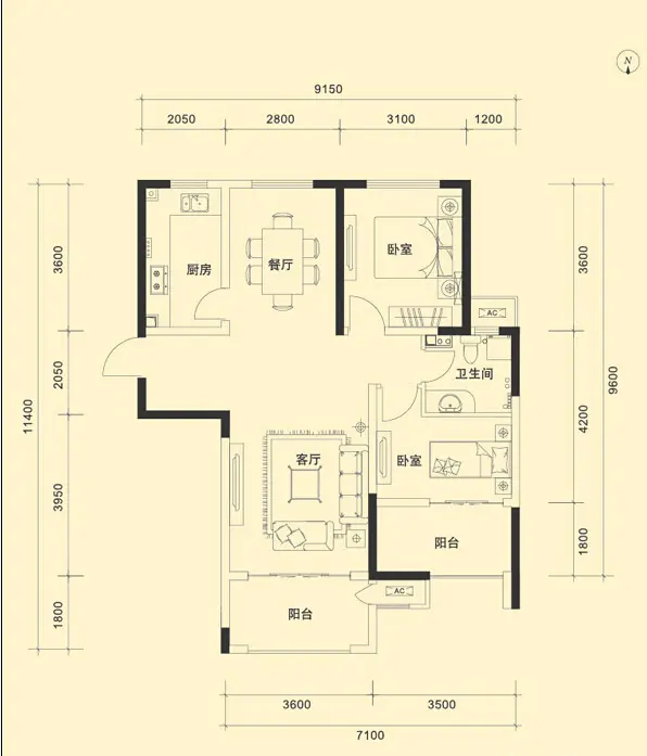 金科廊桥水岸-二居室-92.00平米-户型图装修效果图
