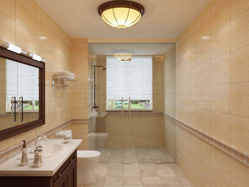 卫生间效果图次卫生间采用牙黄色上墙砖与下墙砖结合,体现空间层次感.