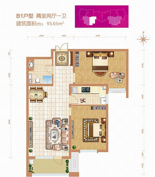 紫晶悦城两室两厅田园风格设计
