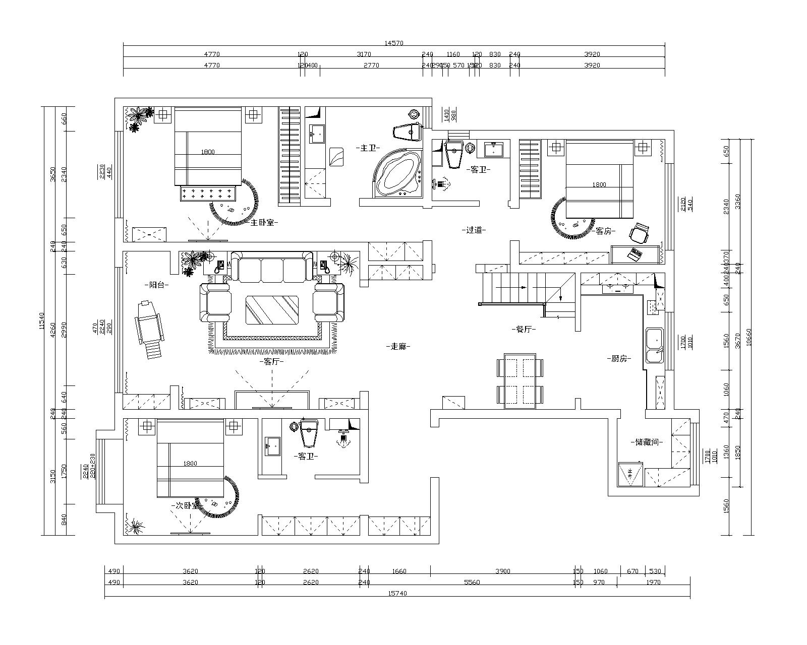 国大御汤墅300㎡四居室中式风格装修效果图