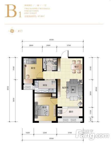 现代简约-两居室-87.88平米