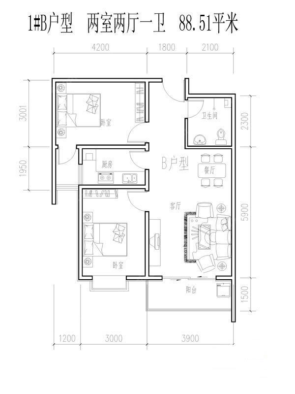 欧式风格-88平米-两室两厅