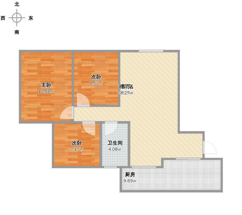 这是一个三室二厅一卫的户型图,非常适合一家四口的居住.