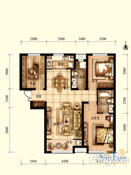 美式风格-125平米-三室两厅