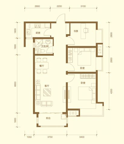 地中海风格-95平米-两室两厅