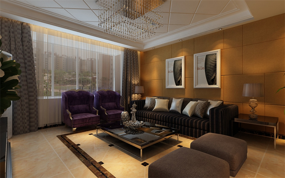 客厅采用棕色壁纸,紫色沙发搭配,尽显大气.