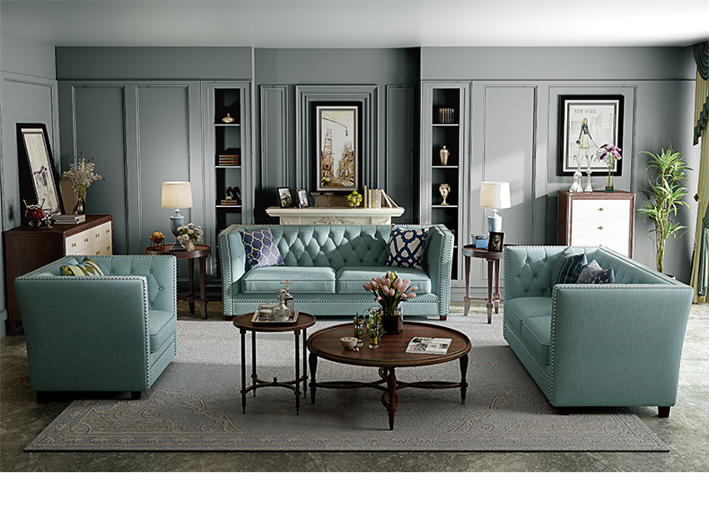 新奢华世家美式布艺沙发拉扣复古铆钉设计师客厅家具组合