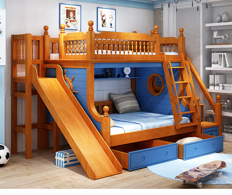 高低床多功能全实木滑梯双层床上下铺子母床男孩地中海儿童上下床