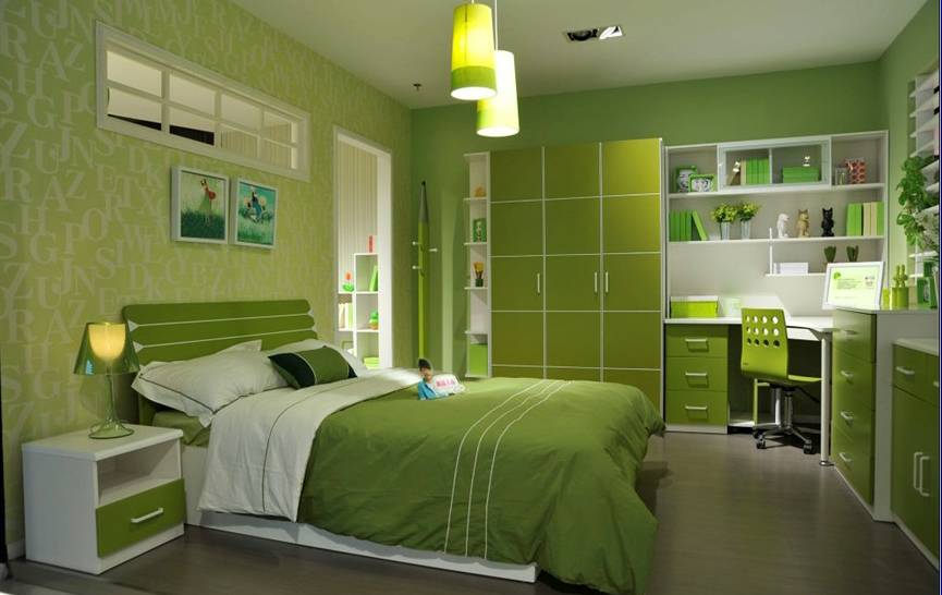 时尚家居现代风格室卧室浅绿色背景墙装修效果图