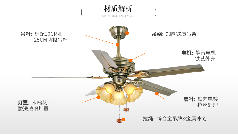 佑家吊扇灯风扇灯餐厅吊灯欧式客厅饭厅卧室装饰灯具吊扇美式仿古铁叶