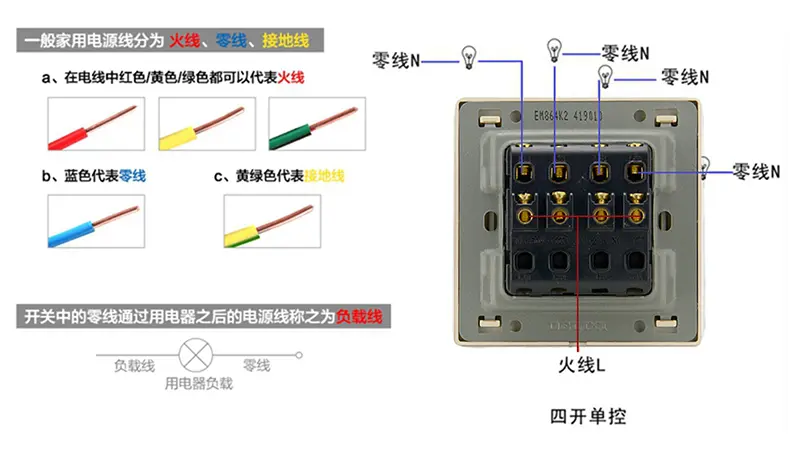 德力西 开关插座面板 香槟金拉丝四开单控4开带荧光开关em864k1/c