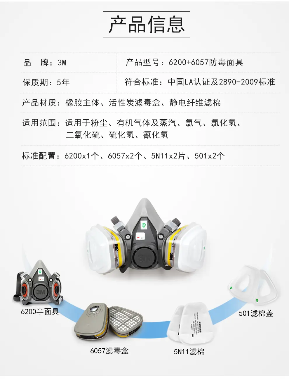 3m 6200-6057防毒口罩有机气体氯化氢硫化氢氰化氢防毒面具n95防尘