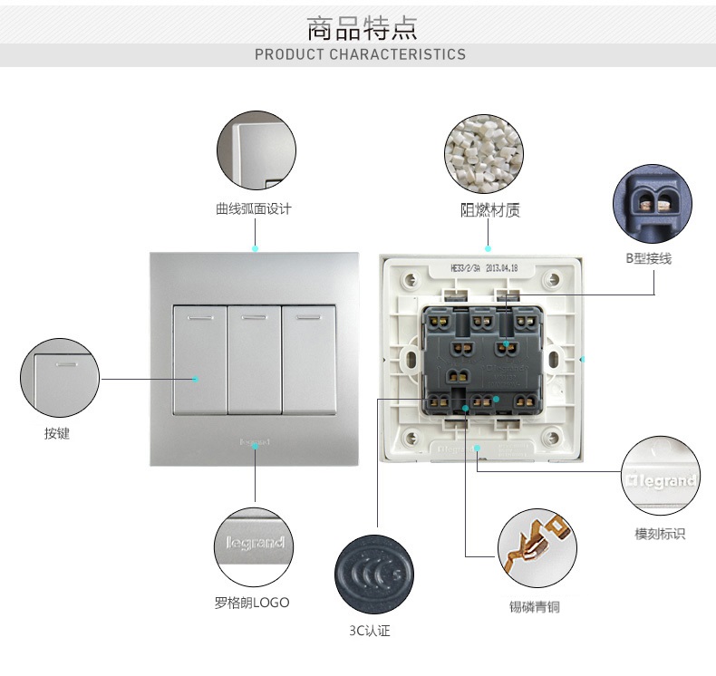 罗格朗开关插座 仕界沙银三开双控三联双控开关面板86