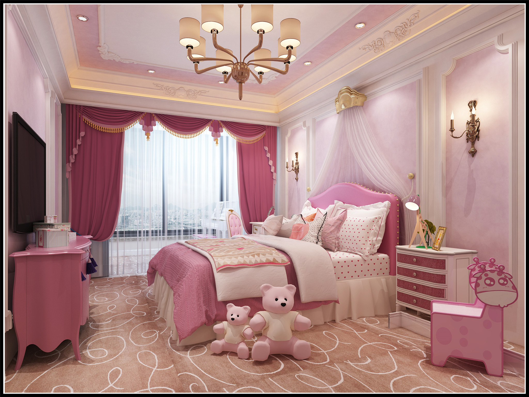 女儿房:房间以粉色系为主,满足了小公主的少女心.