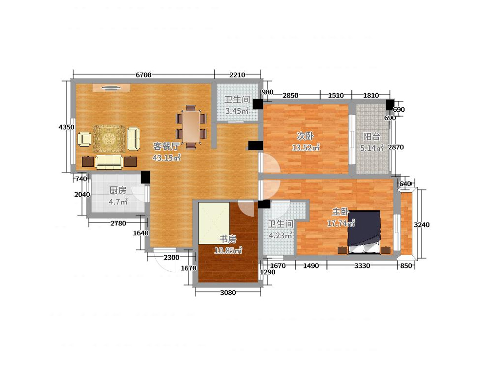 翡翠城-中式风格-三居室装修效果图