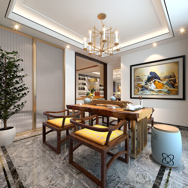 茶室：摆放着的明清式家具，墙上挂的中国山水画，融合了庄重与优雅的双重气质，更显居住者的品味与尊贵。