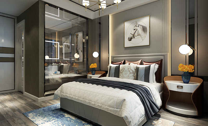 卧室设计简单大方,灰色系软装搭配,素雅怡静.