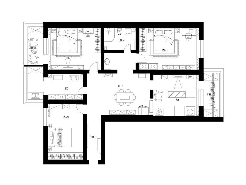 兴园小区110㎡中式风格三居室装修案例