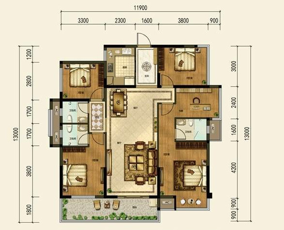 嘉和城依云堡C9户型142㎡五居室法式风格案例