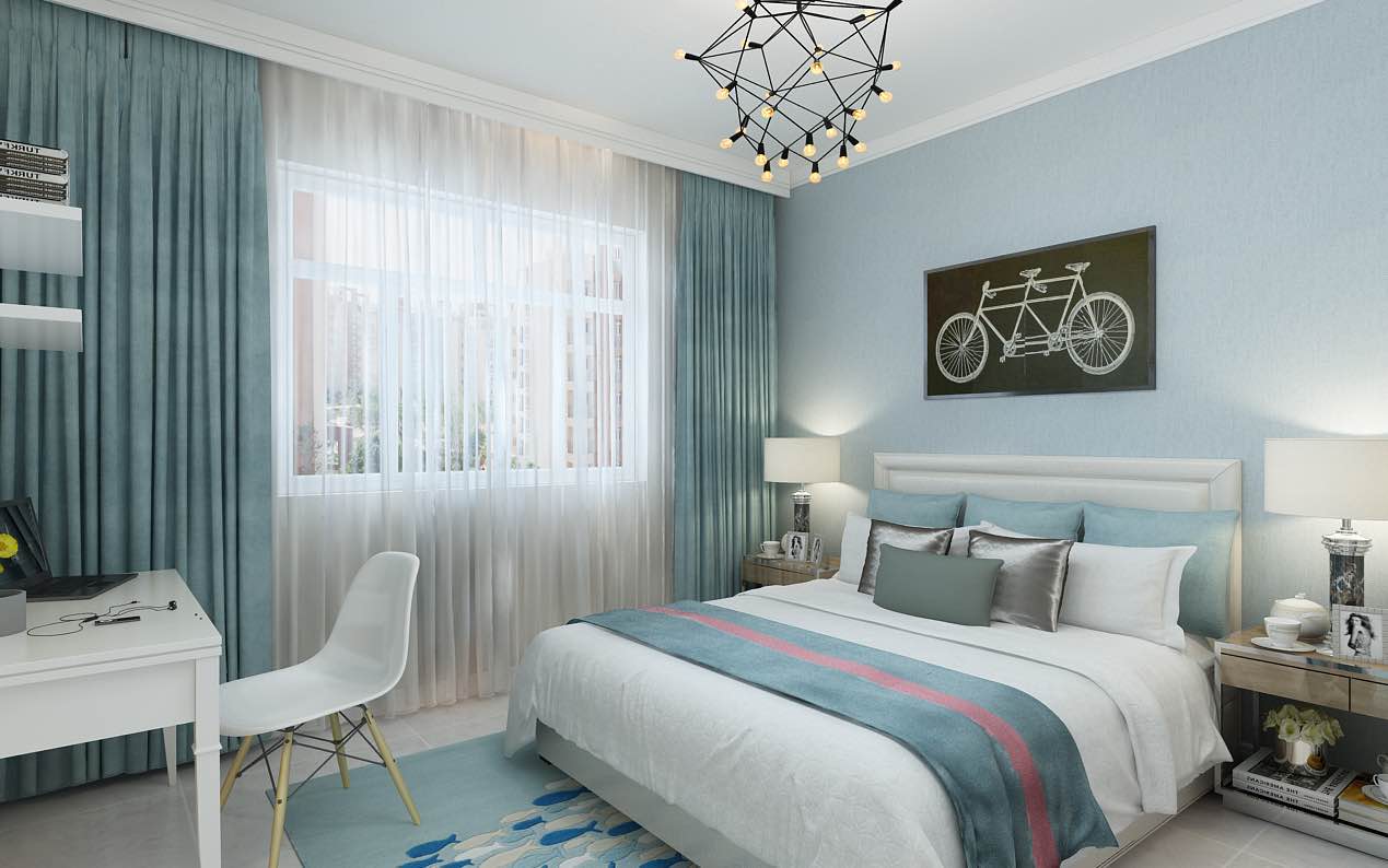 卧室1是湖蓝色系的,简单的几何吊灯和墙画,整个风格色系和谐自然.