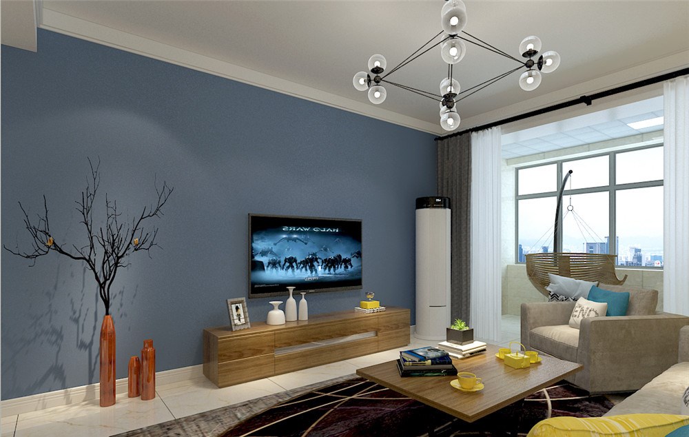 客厅的背景墙瞎用蓝灰色乳胶漆,沙发与餐厅背景墙搭配北欧挂画,家具