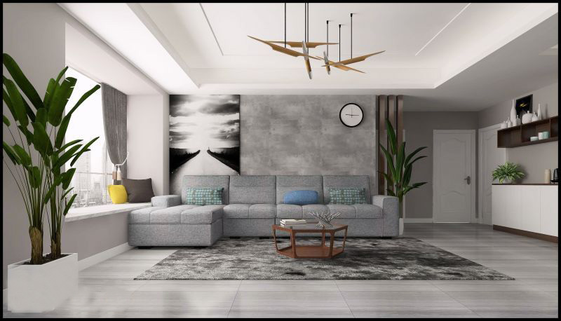 客厅选择灰色地砖,沙发背景也选择灰色做旧的感觉,更显轻工业之感.